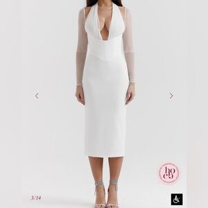 White Fitted Midi Dress with Sheer Long Sleeves